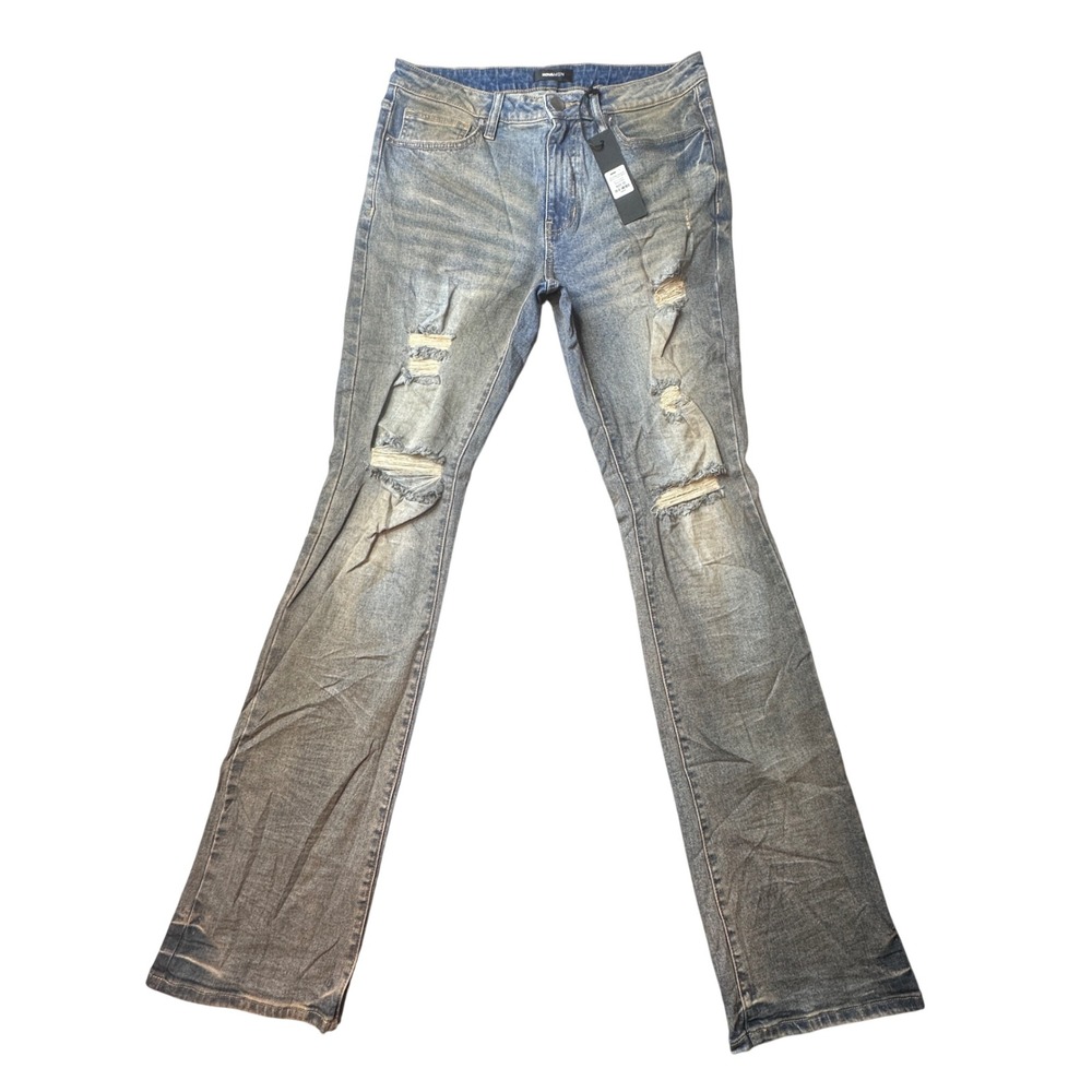 NovaMen Jeans Mens 32x34 Medium Wash Far West Stacked Skinny Flare Distressed